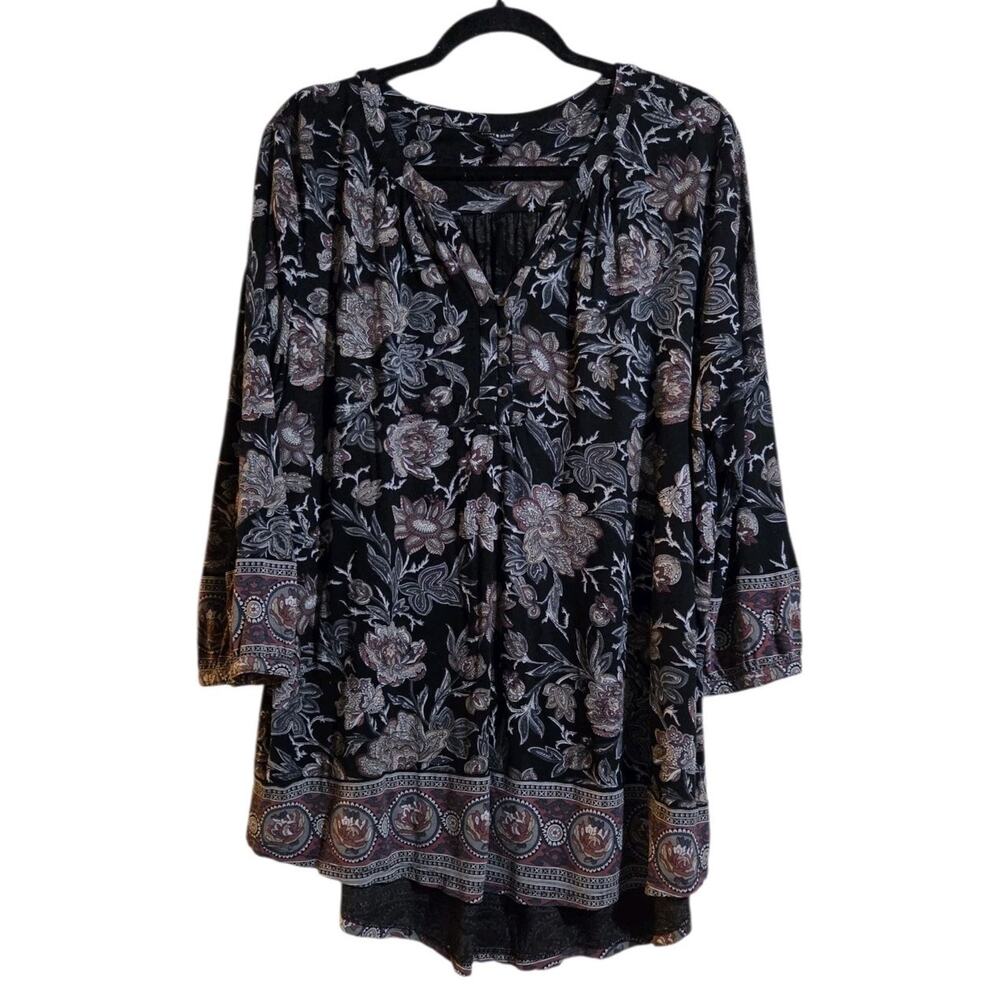 Lucky Brand Shirt Women 2X Black Boho Peasant Tunic Blouse Top Floral 3/4 Sleeve
